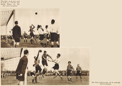874582 Collage van 2 foto's betreffende de voetbalwedstrijd tussen D.O.S. (Utrecht) en Kinheim (Haarlem), die door ...